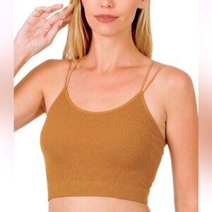 Zenana Ribbed Brown Crop Cami Top – Double Strap Stretchy Summer Tank S/M No Tag